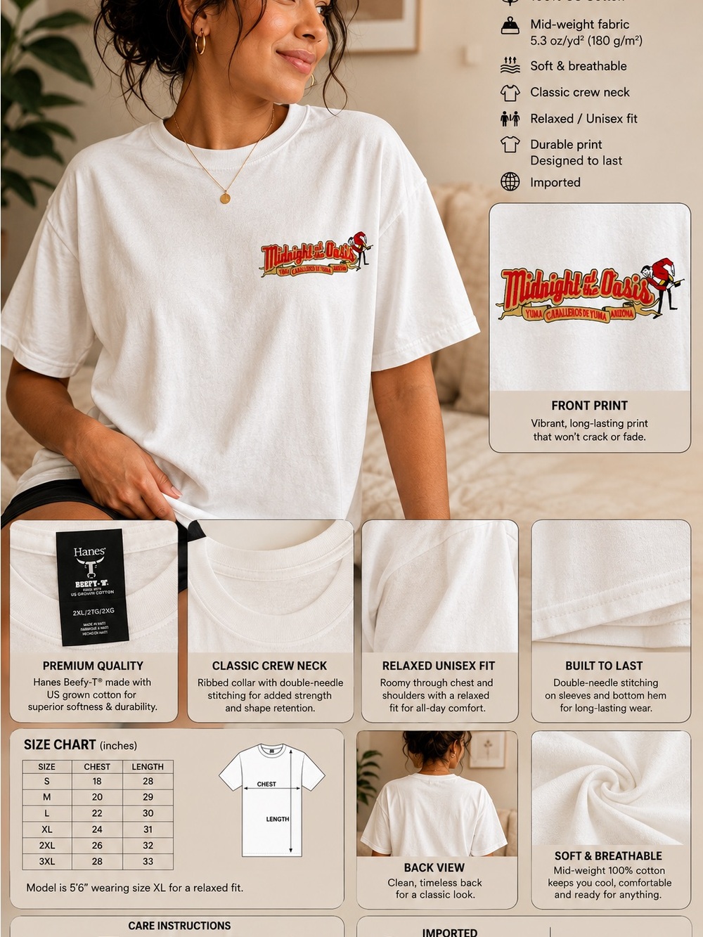Hanes White Crew Neck T-Shirt with 'Midnight de Oasis' Red & Gold Graphic